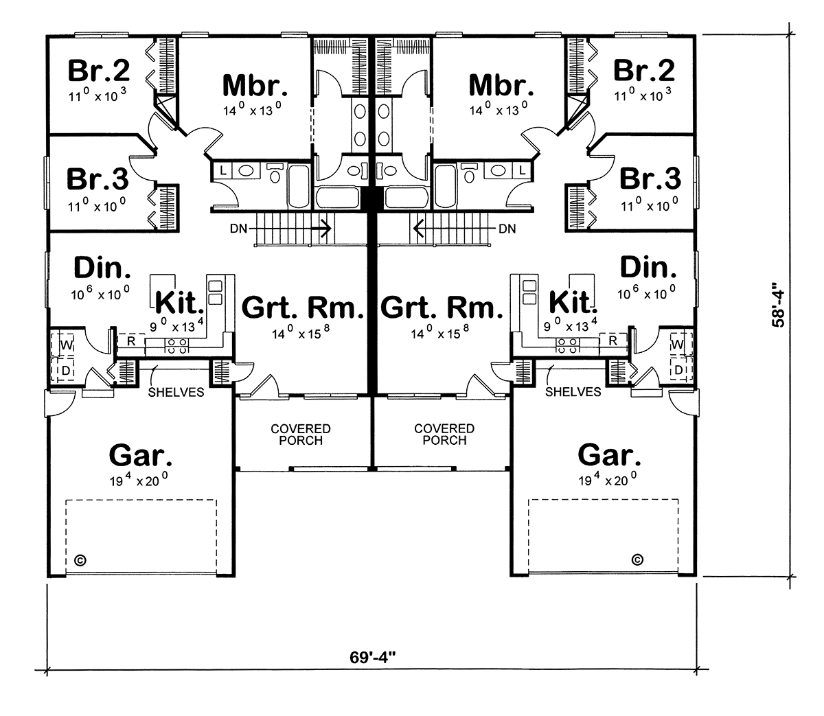 Traditional Style MultiFamily Plan 68099 with 6 Bed, 4 Bath, 4 Car