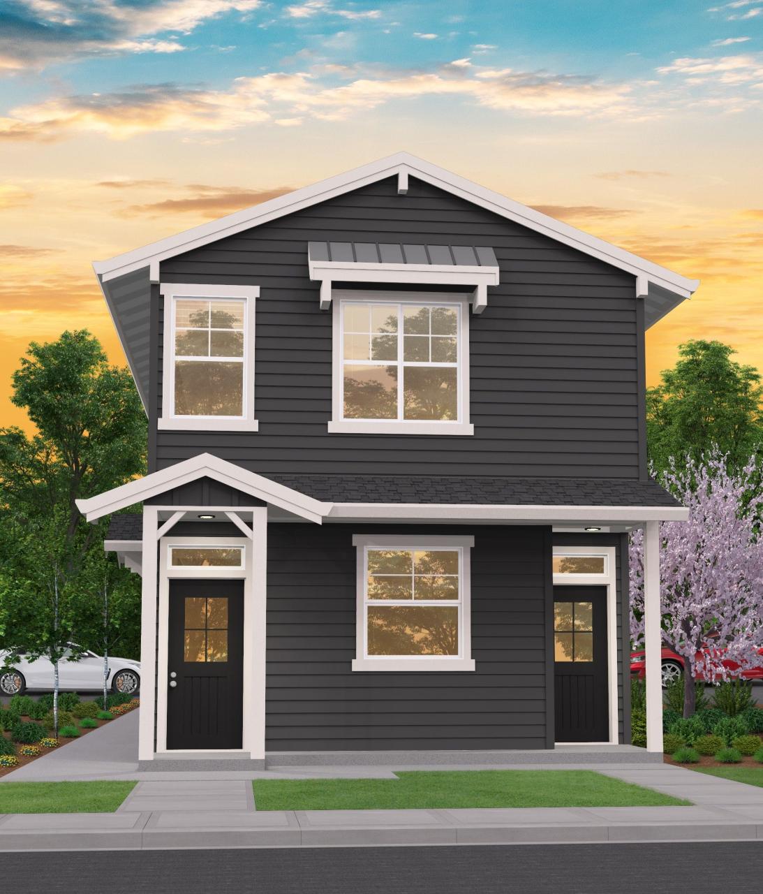 This farmhouse duplex comes in at just 20' wide, ensuring an easy build
