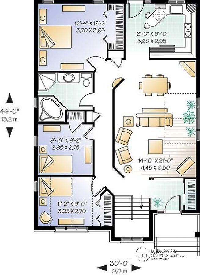 W3313 Simple 3 bedroom bungalow home plan with open floor plan