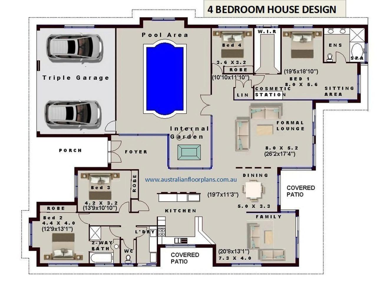 Internal Pool 4 Bedroom House Plans Full Concept Plans for Etsy