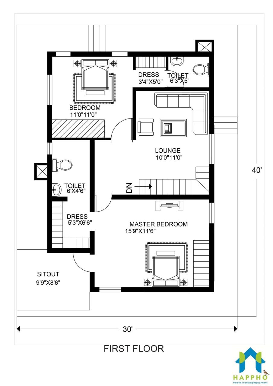 Floor Plan for 30 X 40 Feet Plot 3BHK (1200 Square Feet/134 Sq Yards