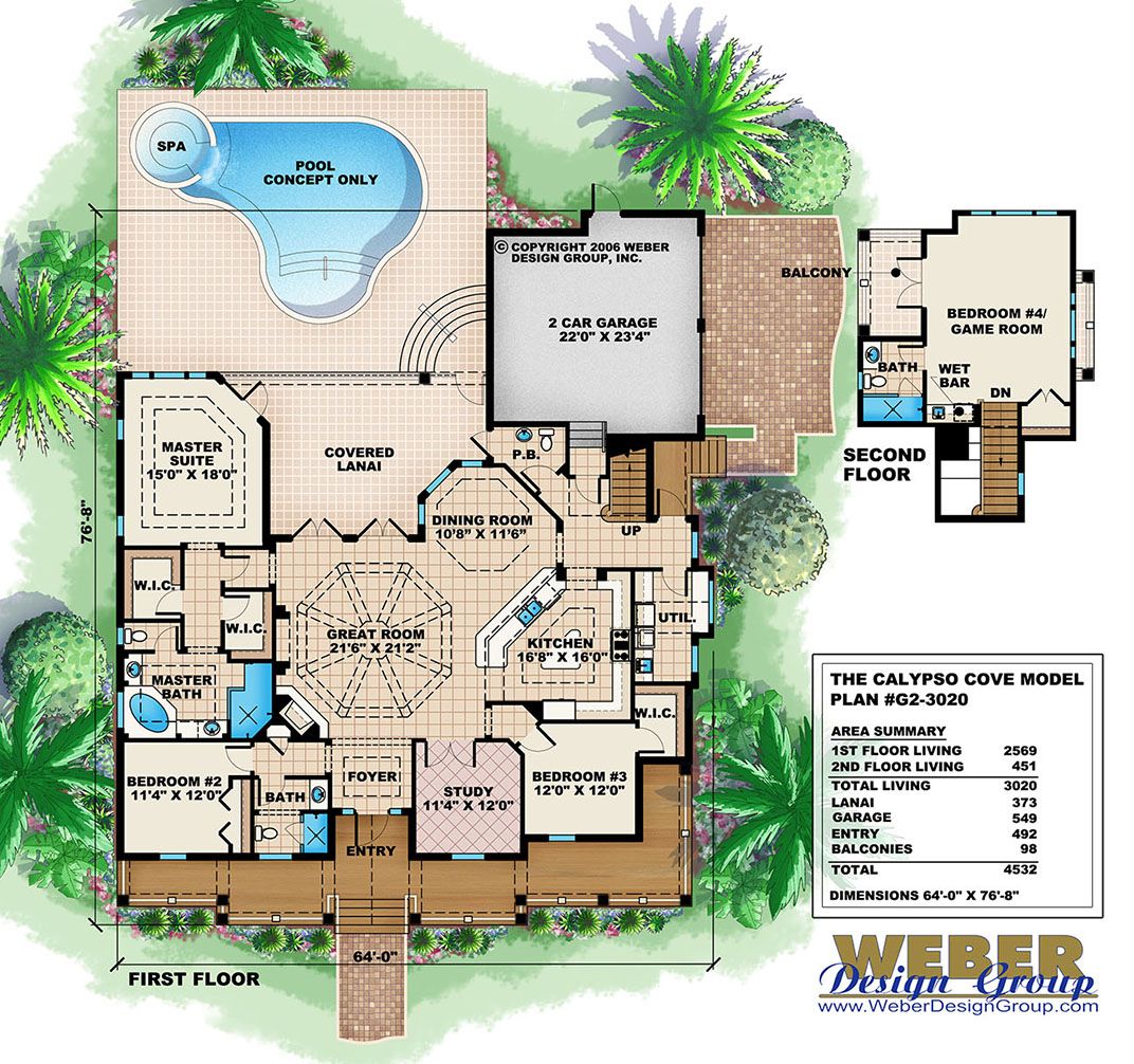 Beach House Plan Old Florida Style, Open Layout, Covered Lanai, Pool
