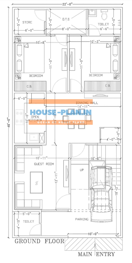 1000 sq feet house plan with a single floor, car parking