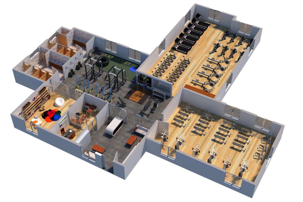 GYM 3D Floor Plan. 3d plan rendering of a fitness center. Gym