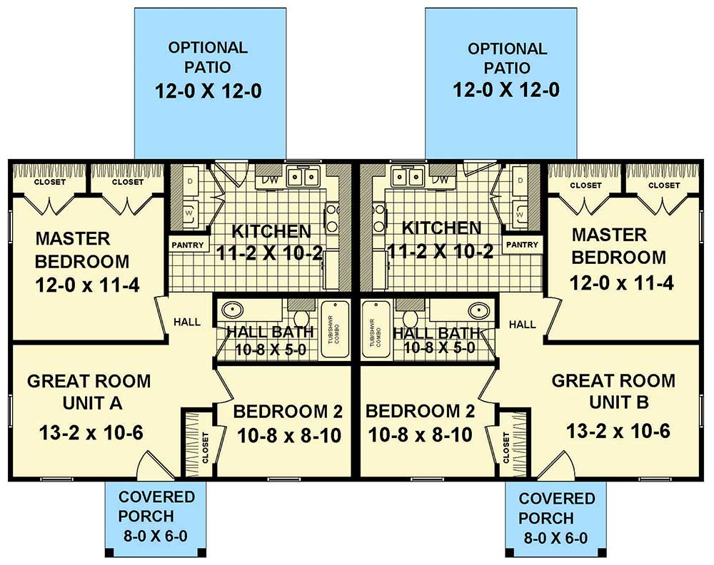 Duplex with Matching Layouts 51176MM Architectural Designs House