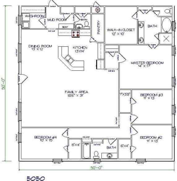 Bigger 4 Bedrooms Barndominium Floor Plan for 2500sq.ft. Living Area