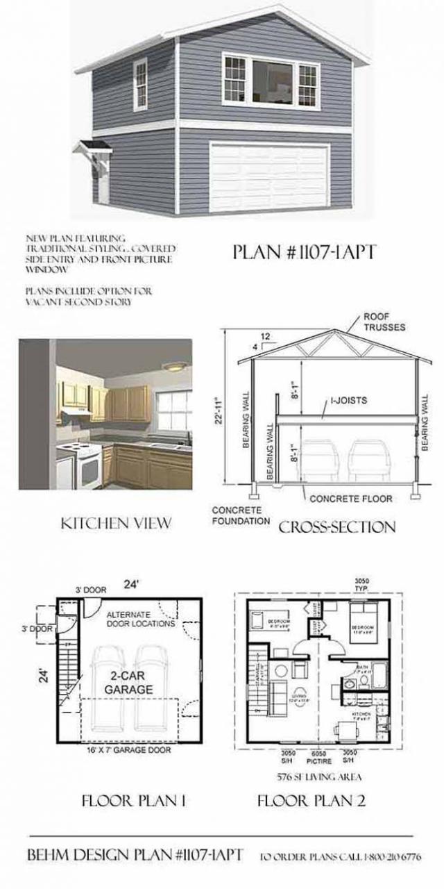 2 Story 2 Car Apartment Garage Plan 11071apt 24' x 24' by Behm