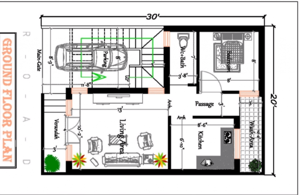 20x30 house plan with staircase and car parking area Dk3dhomedesign