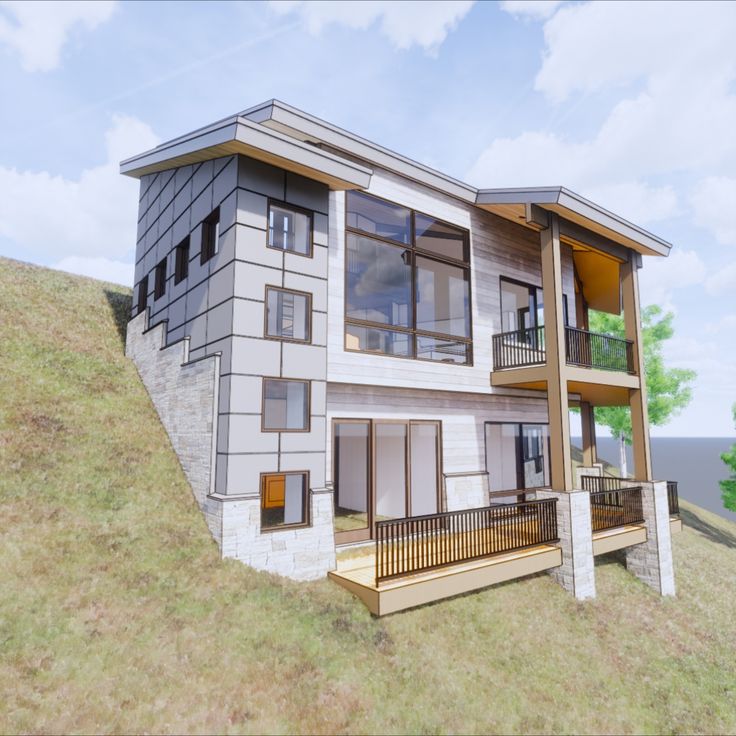 Mountain Modern Steep Slope Sloping lot house plan, Village house