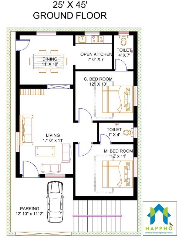 2 BHK Floor Plan for 1125 sqft plot area 125 Sq yards House plans in