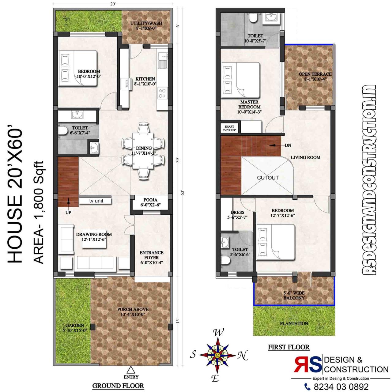 3bhk house plan with Plot size 20x60 eastfacing RSDC...