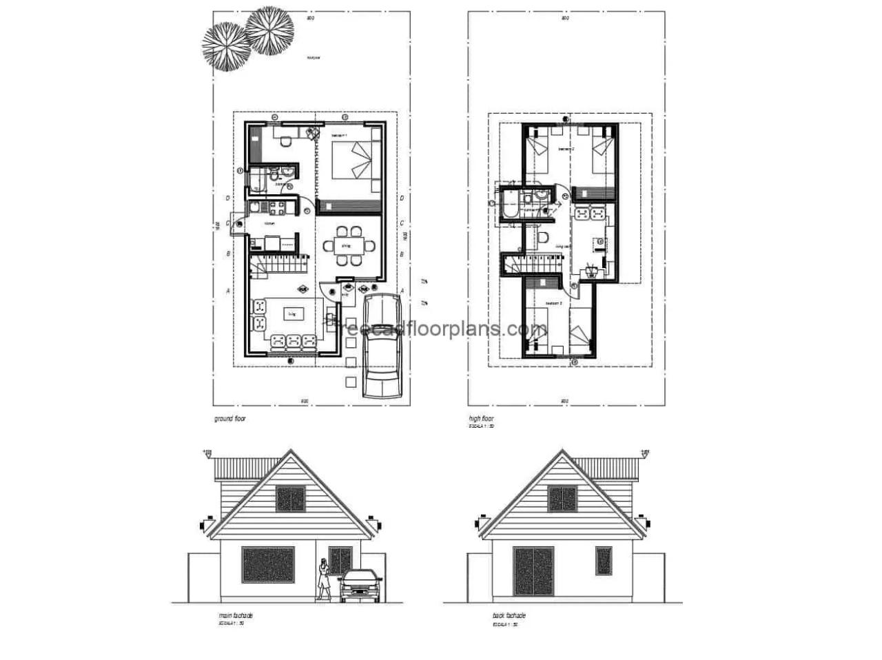 Small Elongated Twostorey House Autocad Plan, 505202 Free Cad Floor
