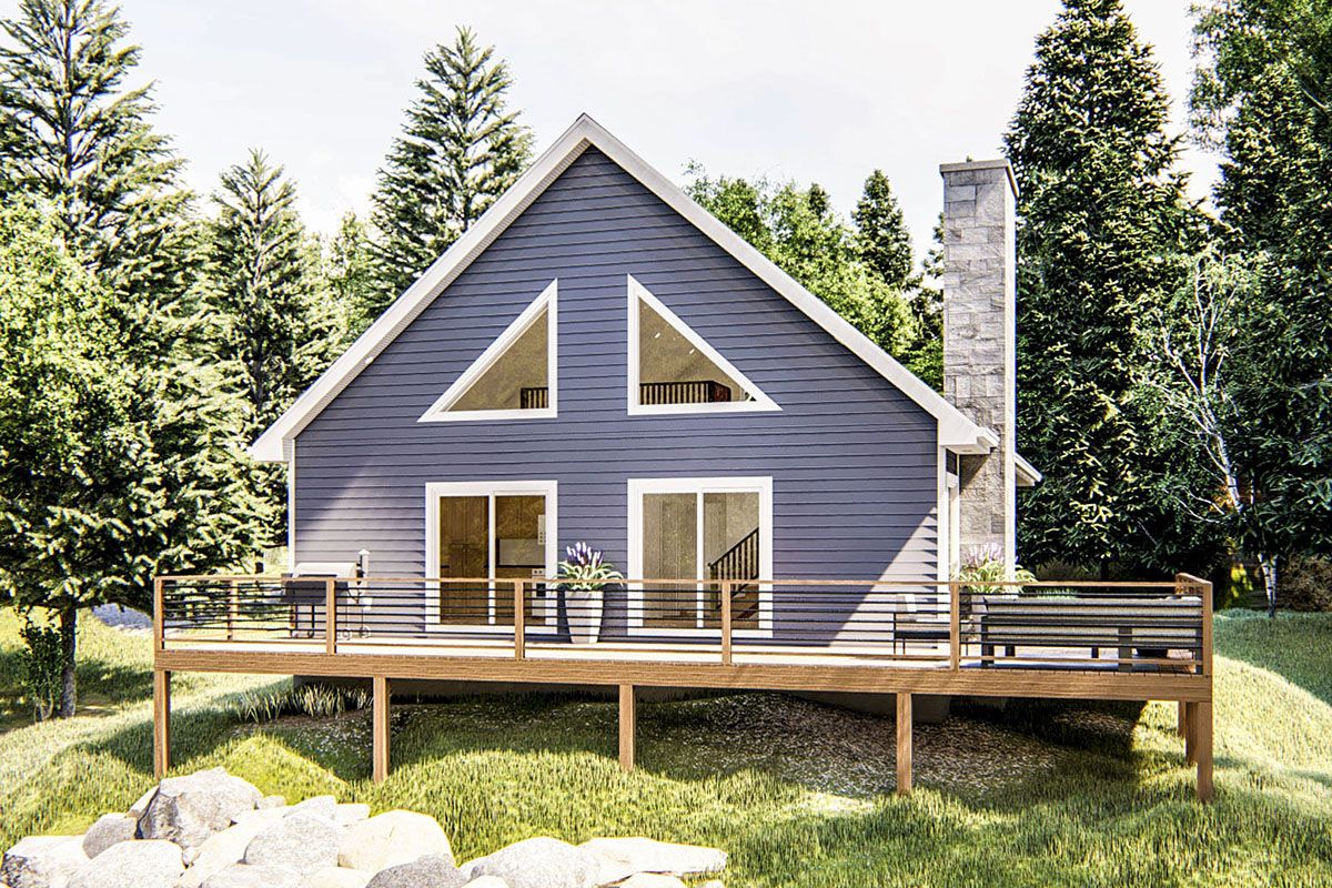 Plan 62774DJ 2Bed Cabin with Wraparound Deck and Upstairs Loft
