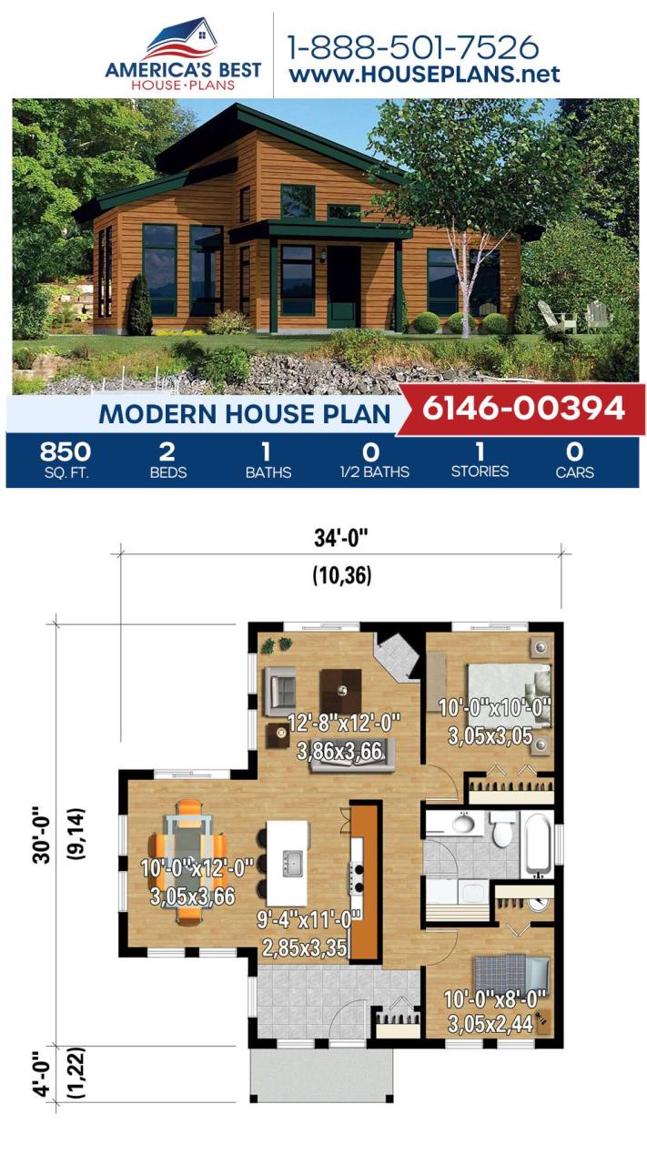 House Plan 614600394 Modern Plan 850 Square Feet, 2 Bedrooms, 1 249