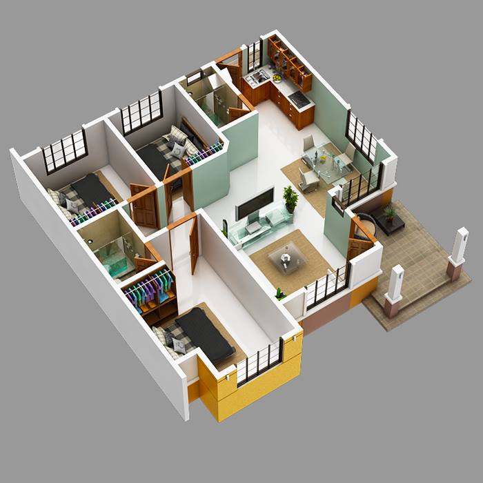Modern Bungalow House Plan with 3D Floor Plans and