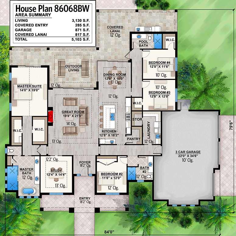 Stunning SingleStory 4Bedroom House Plan with Covered Lanai 86068BW