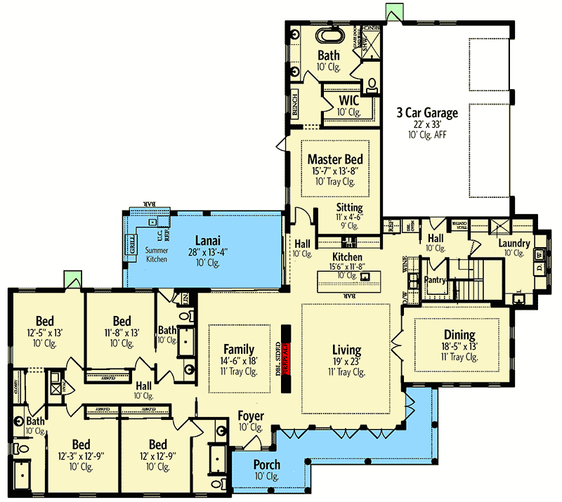 5Bedroom SingleStory Home Plan with 3Car Garage 82240KA