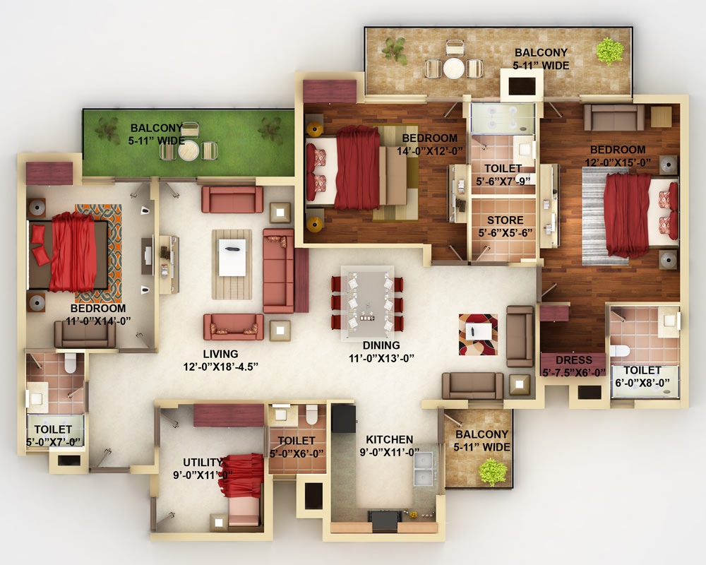 50 Four “4” Bedroom Apartment/House Plans Architecture & Design