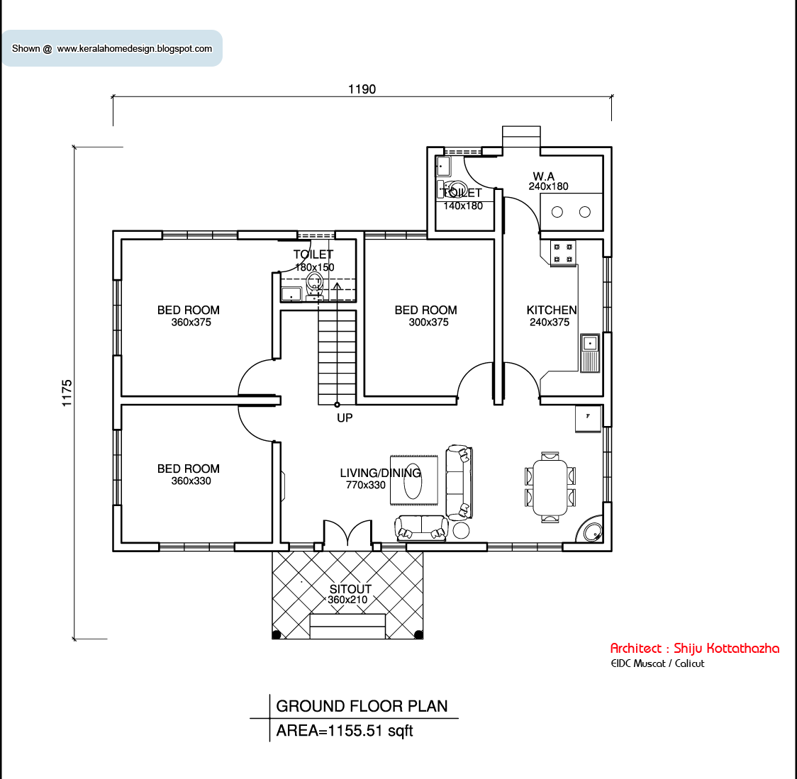 Kerala style single floor house plan 1155 Sq. Ft. Kerala home