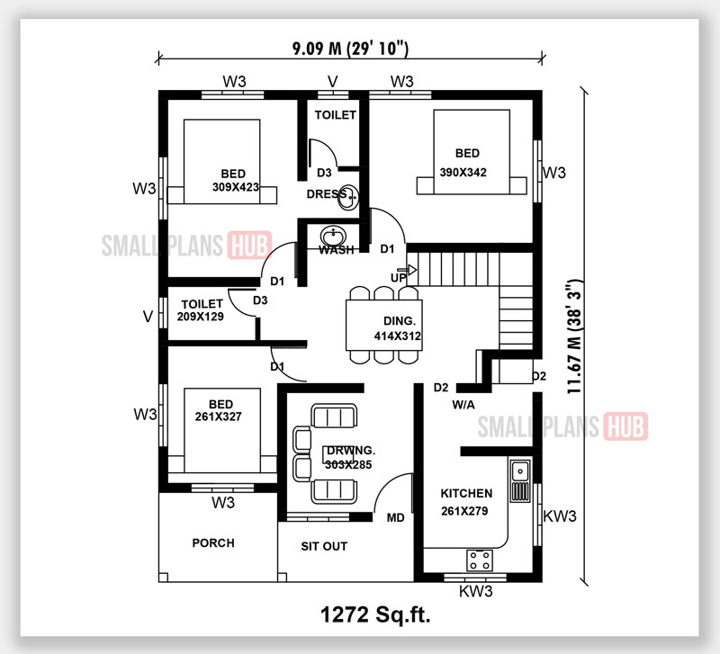 Kerala Style Three Bedroom Single Floor House Plans Under 1300 Sq.ft