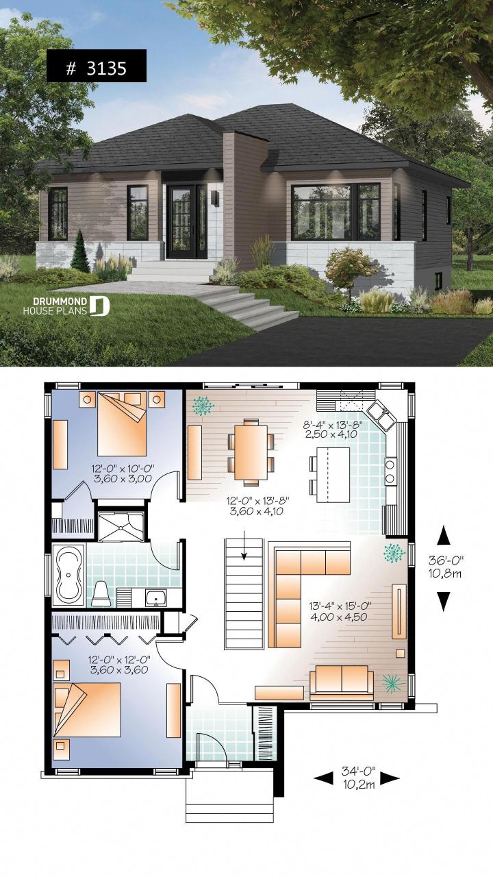 Abundantly fenestrated, two bedroom modern house plan with open floor
