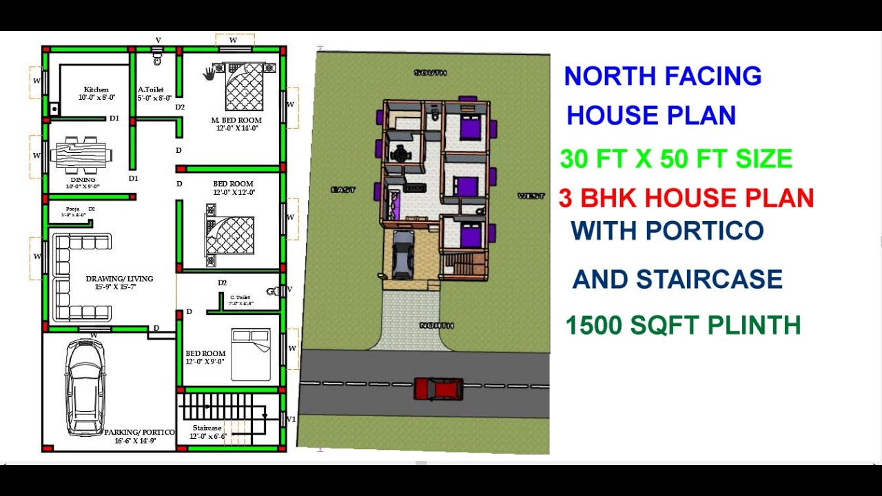 30 x 50 North Facing 3BHK House Plan with Staircase Portico and Puja