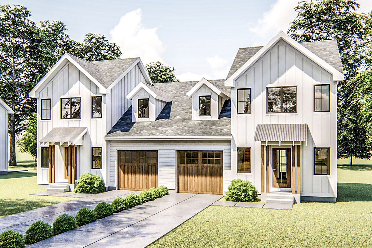 Modern Farmhouse Duplex with Extradeep Garage 62771DJ