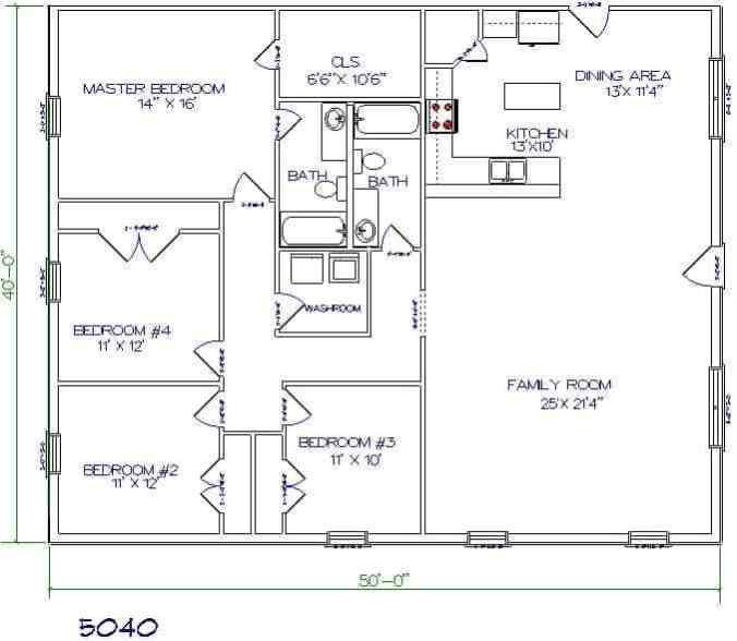 4 Bedrooms Barndominium Floor Plan for 2000sq.ft. Living Area