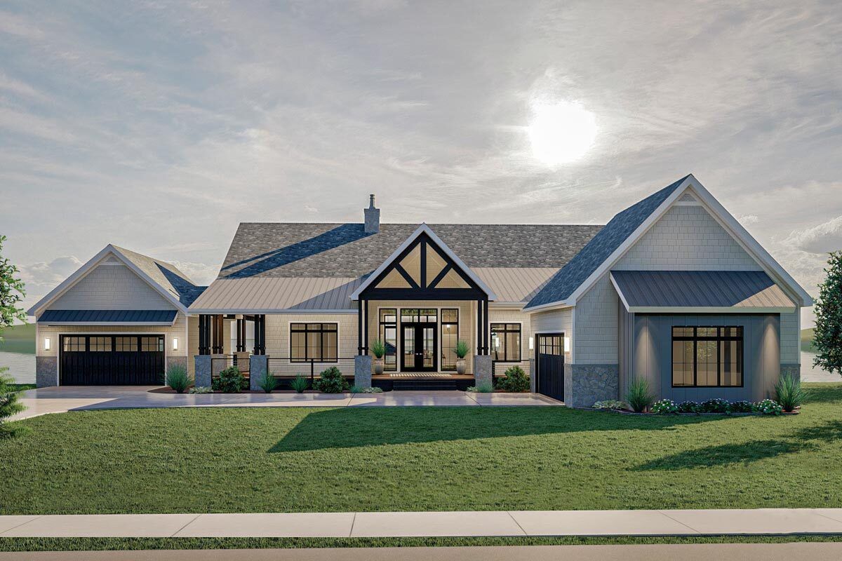 SingleStory 3Bedroom New American Lake Home with Full Wraparound Deck