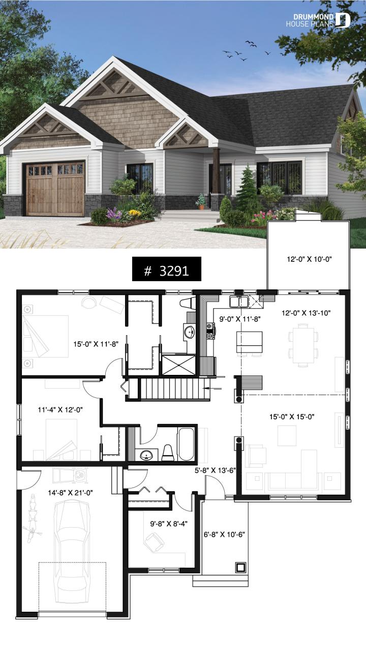 Onestory northwest style house plan with 3 bedrooms ou 2 beds + home