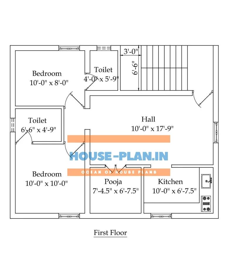 750 sq ft house plan with 2 bedrooms, living hall, kitchen