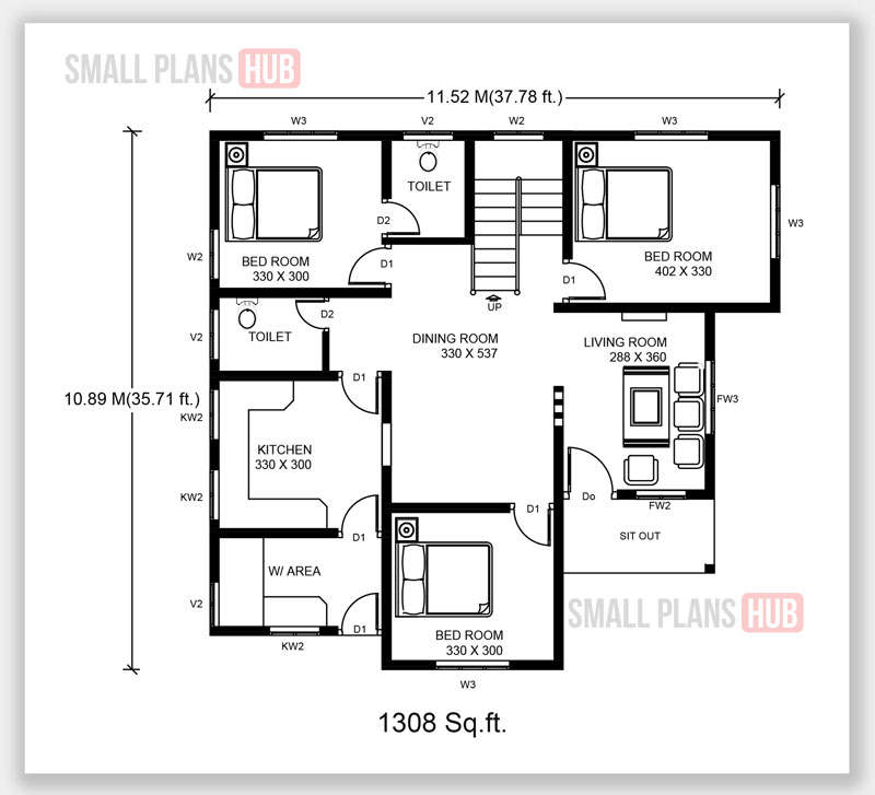 Kerala Style Three Bedroom Single Floor House Plans Under 1300 Sq.ft