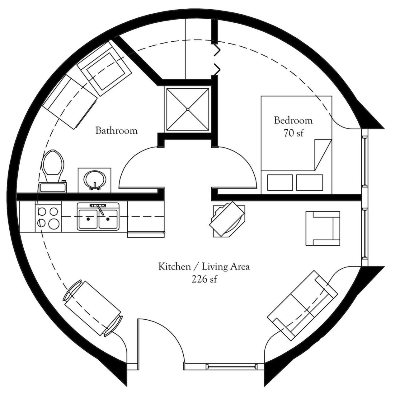 Plan Number DL2401 Floor Area 452 square feet Diameter 24’ 1 Bedroom