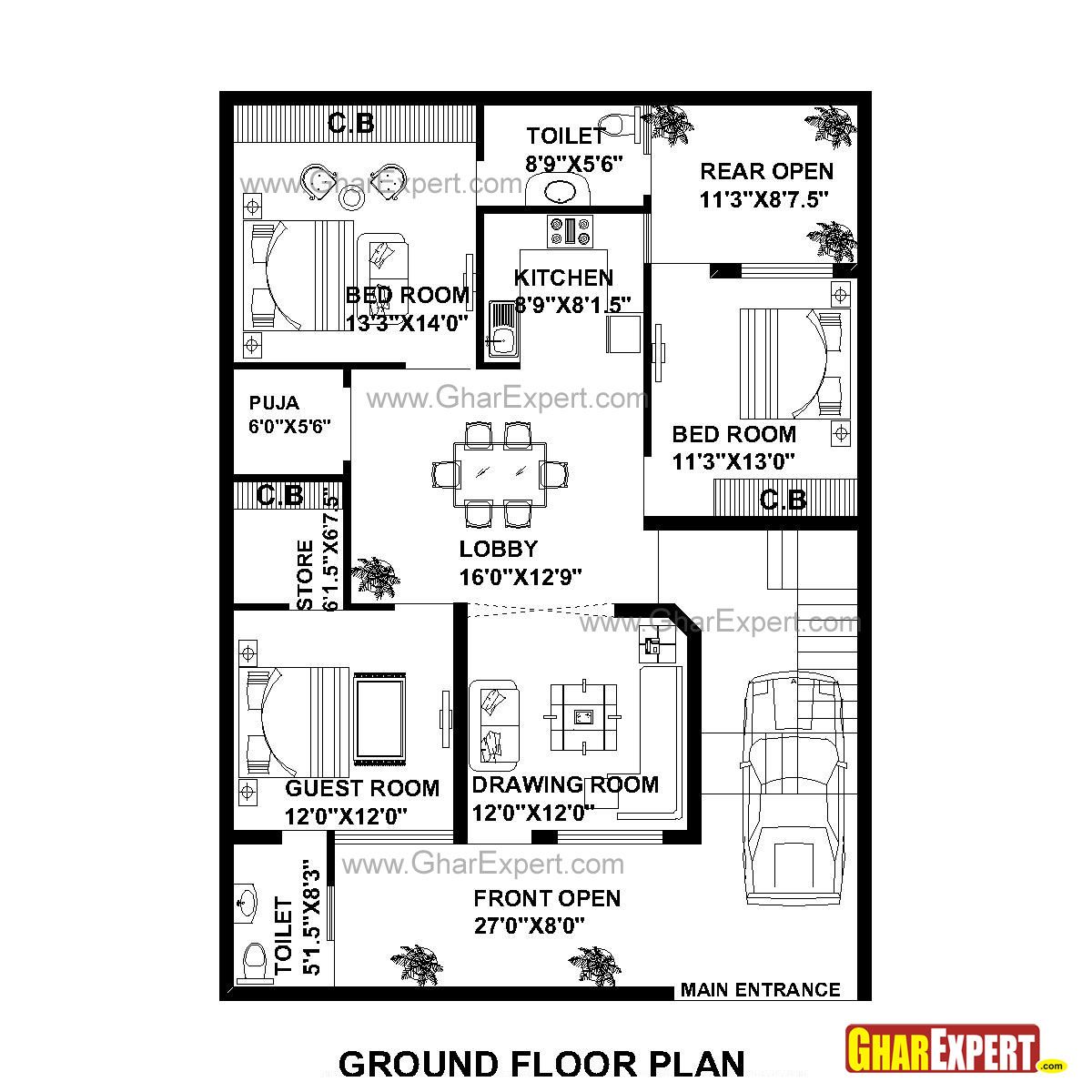 House Plan for 35 Feet by 50 Feet plot (Plot Size 195 Square Yards