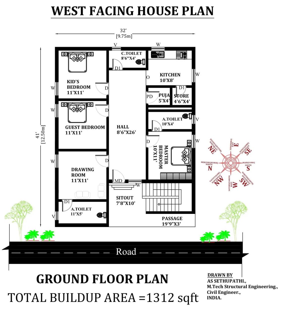 32'X41' West facing 3bhk house plan as per Vastu Shastra. Download