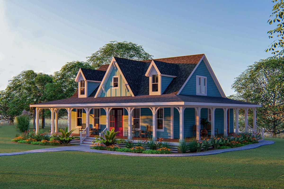 Plan 500051VV 3Bed Country Home Plan with 3Sided Wraparound Porch