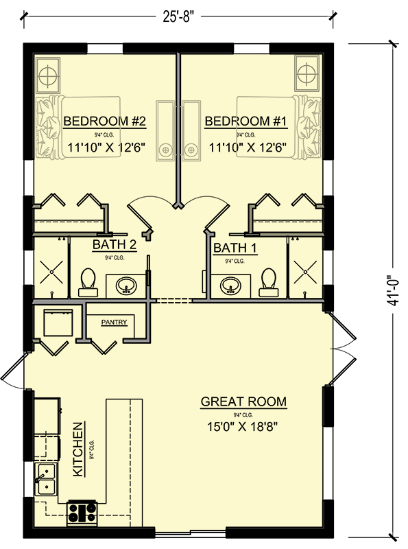 Rectangular Tiny Home Plan with 2 Bedrooms 65685BS Architectural