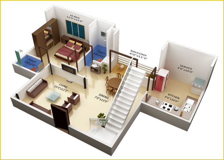 Duplex home plan for first floor in 3D version which consists of a