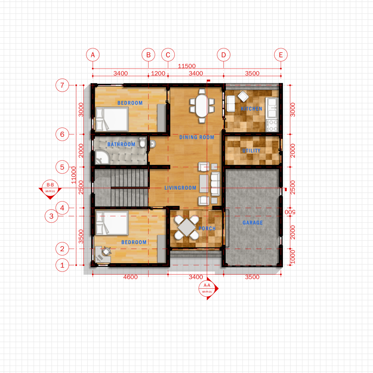 Simple Modern House 1 Architecture Plan with floor plan, metric units