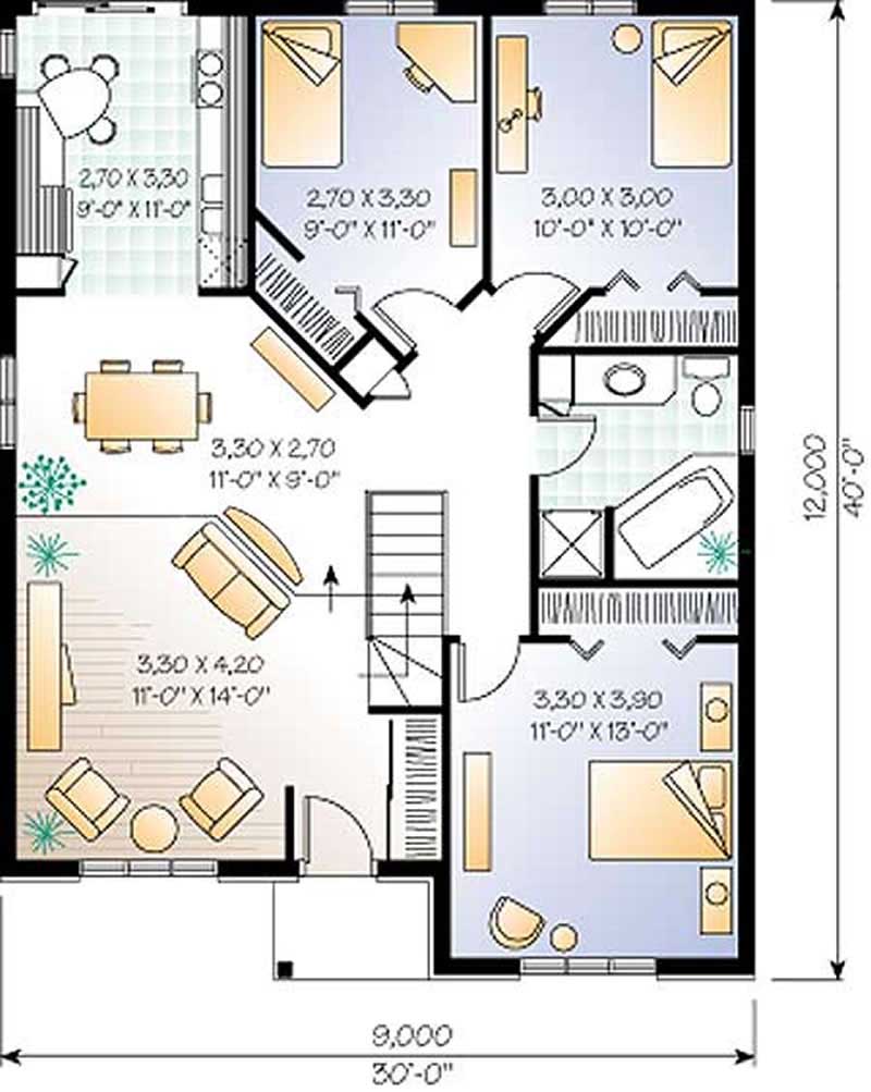 Small European Bungalow Floor Plan 3 Bedroom, 1131 Sq Ft