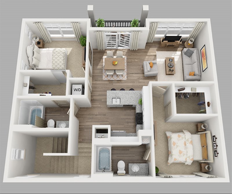 20 Designs Ideas for 3D Apartment or OneStorey Three Bedroom Floor