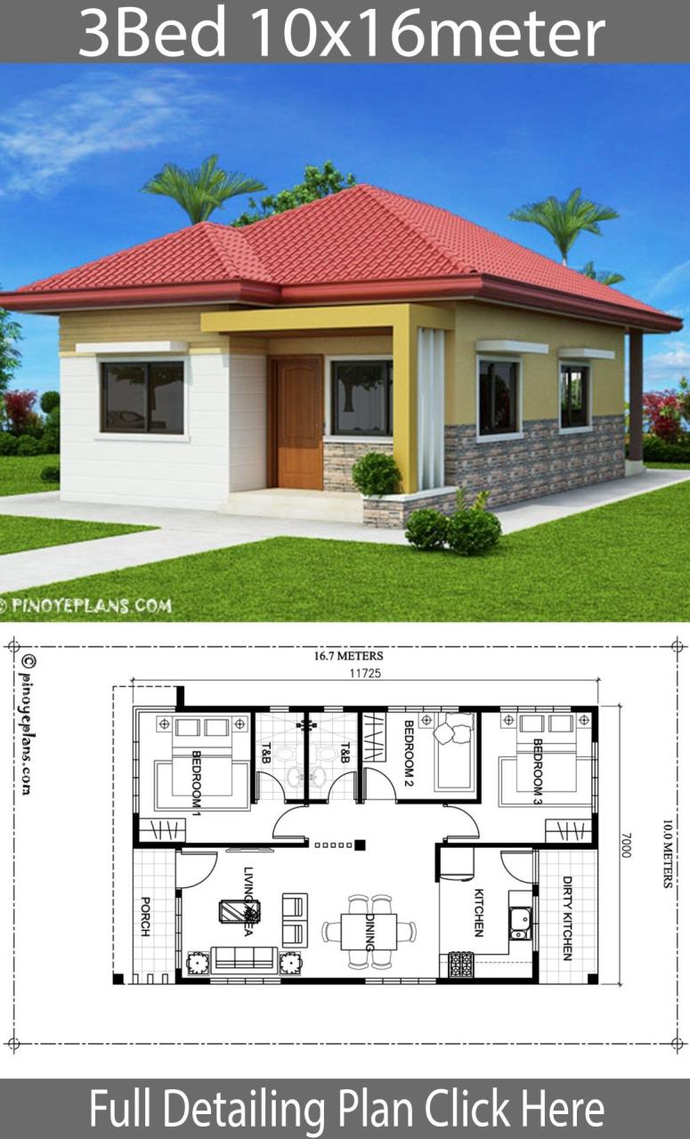 Home design 10x16m with 3 bedrooms My house plans, Model house plan