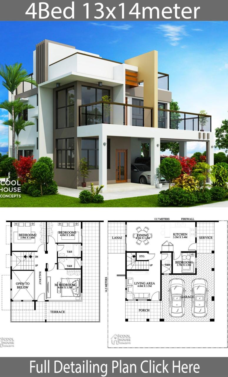 Home design plan 13x14m with 4 Bedrooms Home Ideas Modern house