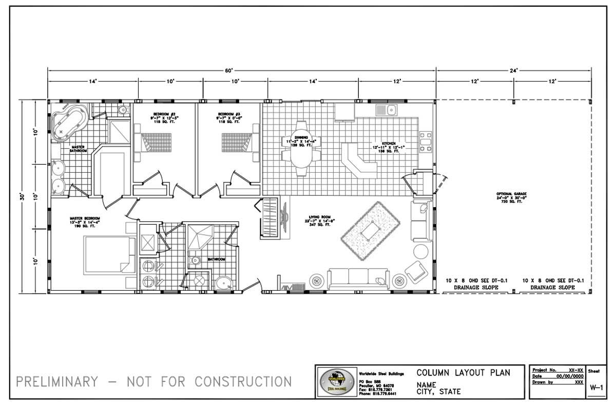 Residential steel home floor plans for a 30’ x 60’ metal home from