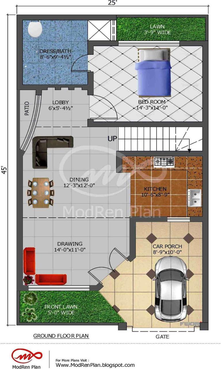 5 marla house plan 1200 sq ft 25x45