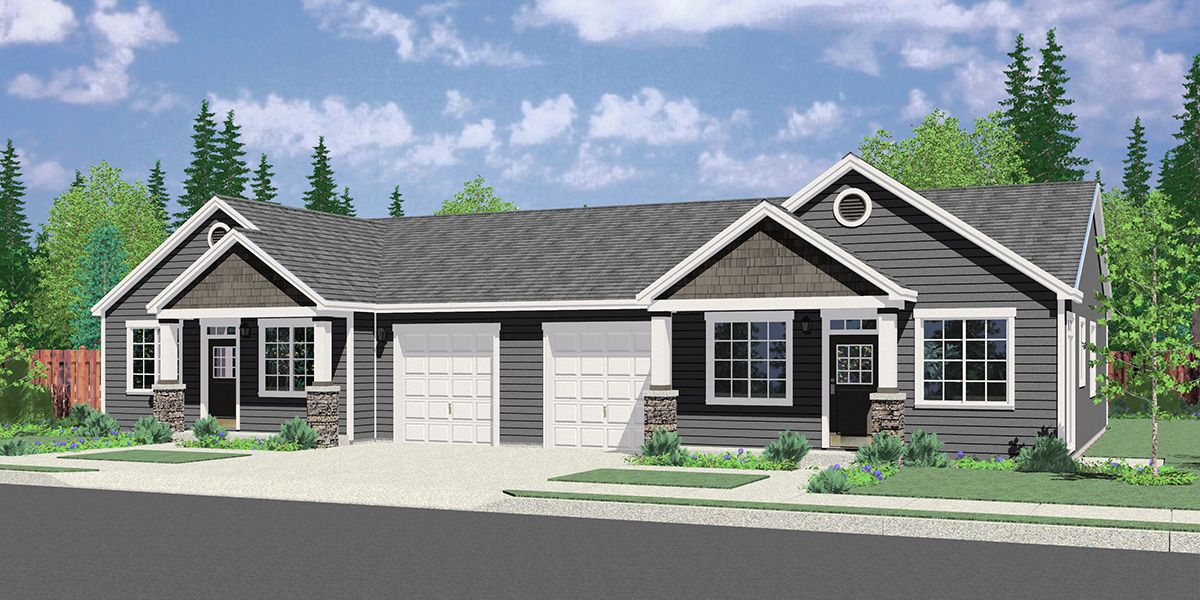 Single Story Duplex House Plan 3 Bedroom, 2 Bath, With Garage Duplex