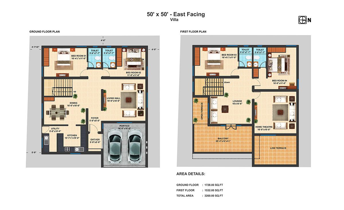 50x50 EF 4 BHK DUPLEX VILLA Floor plans, Villa floor plan, New