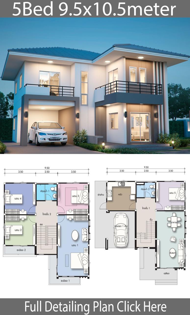 House design plan 9.5x10.5m with 5 bedrooms House Idea Duplex house