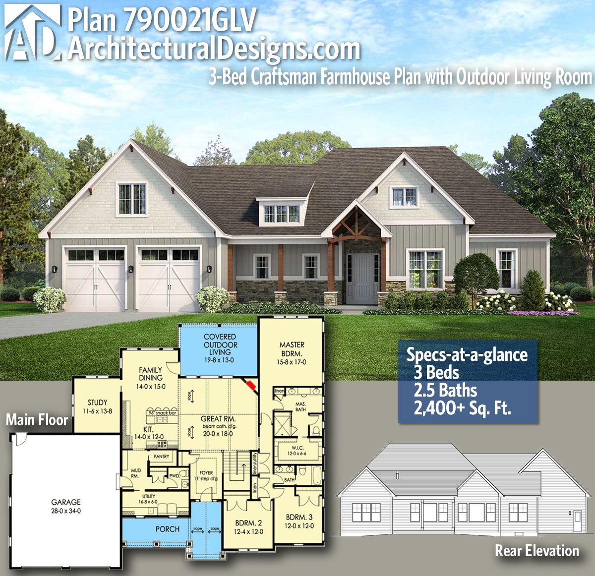 Plan 790021GLV 3Bed Exclusive Craftsman Farmhouse Plan with Outdoor
