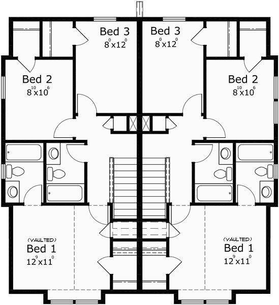 Duplex House Plans, Narrow Lot Duplex House Plans, D544 Duplex house